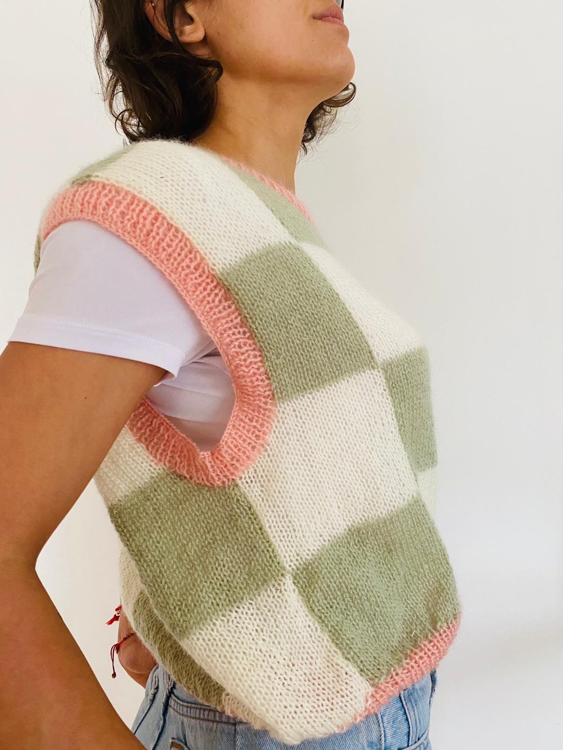 pink checkered sweater vest