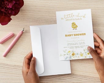 Ein Küken-Babyparty-Einladung • Druckbare gelbe Blumen einladen • Geschlechtsneutral • Bearbeitbare Vorlage • Sofort-Download