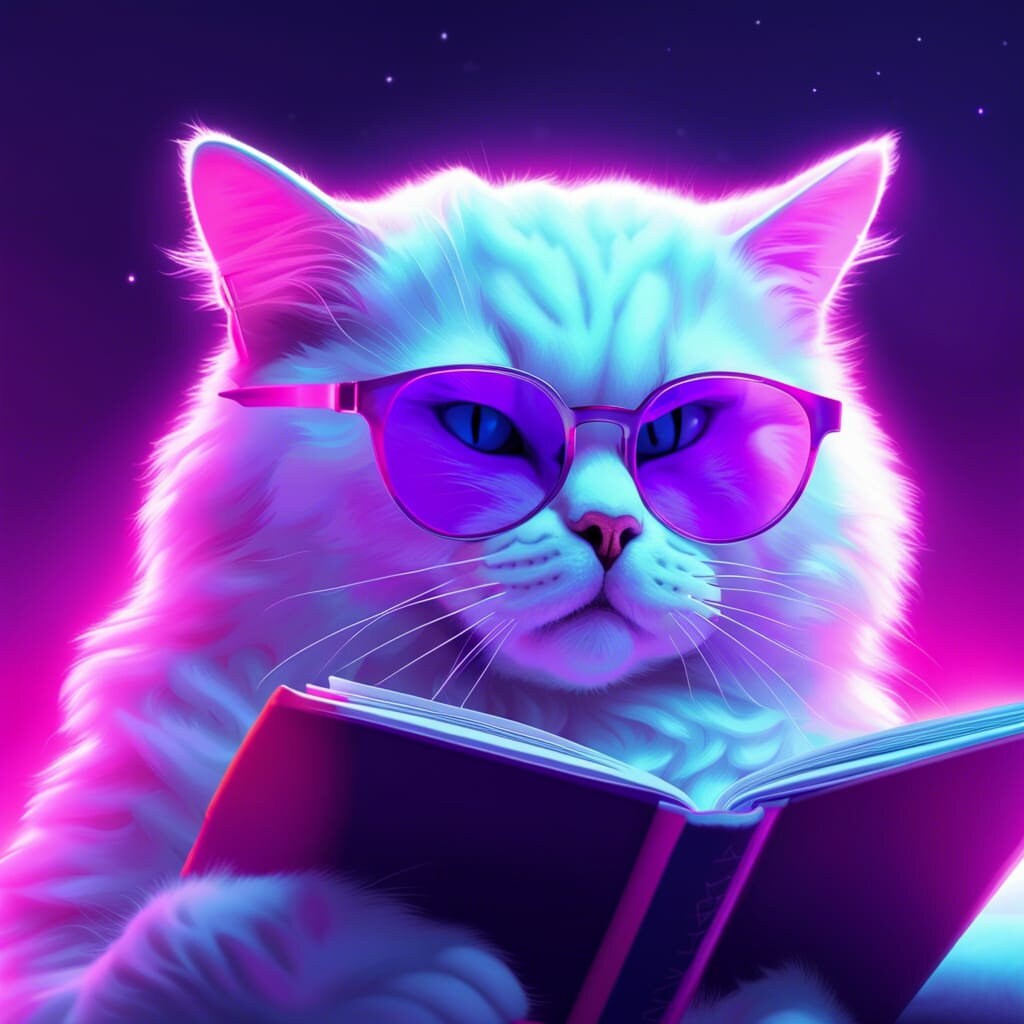 Digital Artwork Neon Pink Cat Wearing Glasses Reading a Book Etsy
