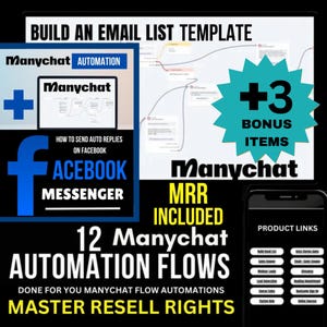 May include: A digital marketing product for Facebook Messenger automation. The image shows a blue and white graphic with the text "Manychat Automation" and "How to send auto replies on Facebook Messenger". The image also includes a flowchart with the text "Build an email list template" and "12 Manychat Automation Flows".