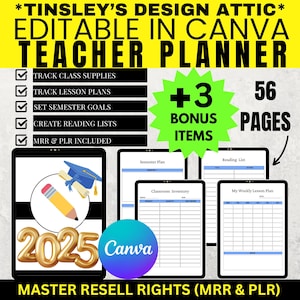 Teacher Planner | 2025 | MRR & PLR | Master Resell Rights | 56 Pages | Track Classroom Supplies, Inventory, Lesson Plans, Assigned Homework