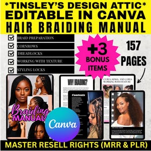 Braiding Manual | 157 Pages | Beauty Hairstyle Book | MRR & PLR | Master Resell Rights | Dreadlocs | Cornrows | Canva