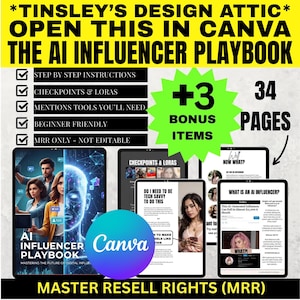 AI Influencer Playbook eBook | 34 Pages | MRR | Master Resell Rights | Faceless Marketing | Canva