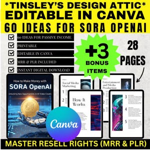Sora AI Money-Making Ideas | 60 Ideas | MRR & PLR | Master Resell Rights | Artificial Intelligence Guide  | Canva