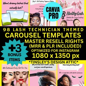 Lash Tech Themed Carousel Templates | 98 Templates | Pink Aesthetic | MRR & PLR | Master Resell Rights | Lash Technician | Canva Pro