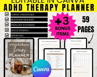 ADHD Therapy Planner: Wellness Organizer, Editable in Canva (MRR & PLR)