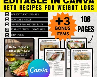 Keto Recipes for Weight Loss | 108 Pages | MRR & PLR | Master Resell Rights | Keto Cookbook | Weight Loss Recipes | Ketogenic | Diet | Canva