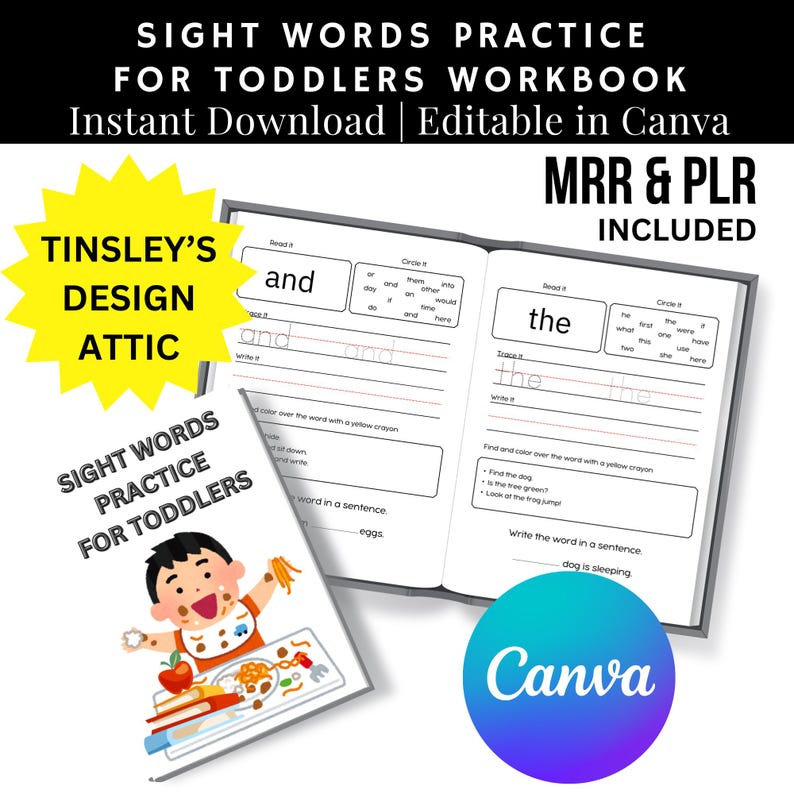 以下が含まれることがあります： 「Sight Words Practice for Toddlers Workbook」というタイトルと「Instant Download | Editable in Canva」というテキストが書かれた白黒のワークブック。ワークブックは2ページ開かれており、「and」と「the」という単語の練習活動が示されています。ページには、食べている子供と寝ている犬のイラストが描かれています。このワークブックは、幼児が単語を学ぶように設計されています。