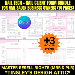 May include: A bundle of 14 pages of nail salon forms, including client record cards, price lists, and aftercare information. The forms are in pink and white, with the Canva logo and a bonus items graphic. Text includes "Nail Tech + Nail Client Form Bundle".