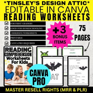 Reading Comprehension Worksheets for Kids | MRR & PLR | Master Resell Rights | 75 Pages | Homeschool | Teacher Resources | Canva Pro Needed