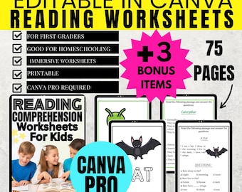 Reading Comprehension Worksheets for Kids | MRR & PLR | Master Resell Rights | 75 Pages | Homeschool | Teacher Resources | Canva Pro Needed