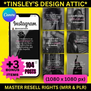 May include: A digital product mockup featuring an Instagram interface on a smartphone, surrounded by inspirational quote graphics. The image includes text such as "answered prayer" and "miracle in motion," along with bonus items and master resell rights.