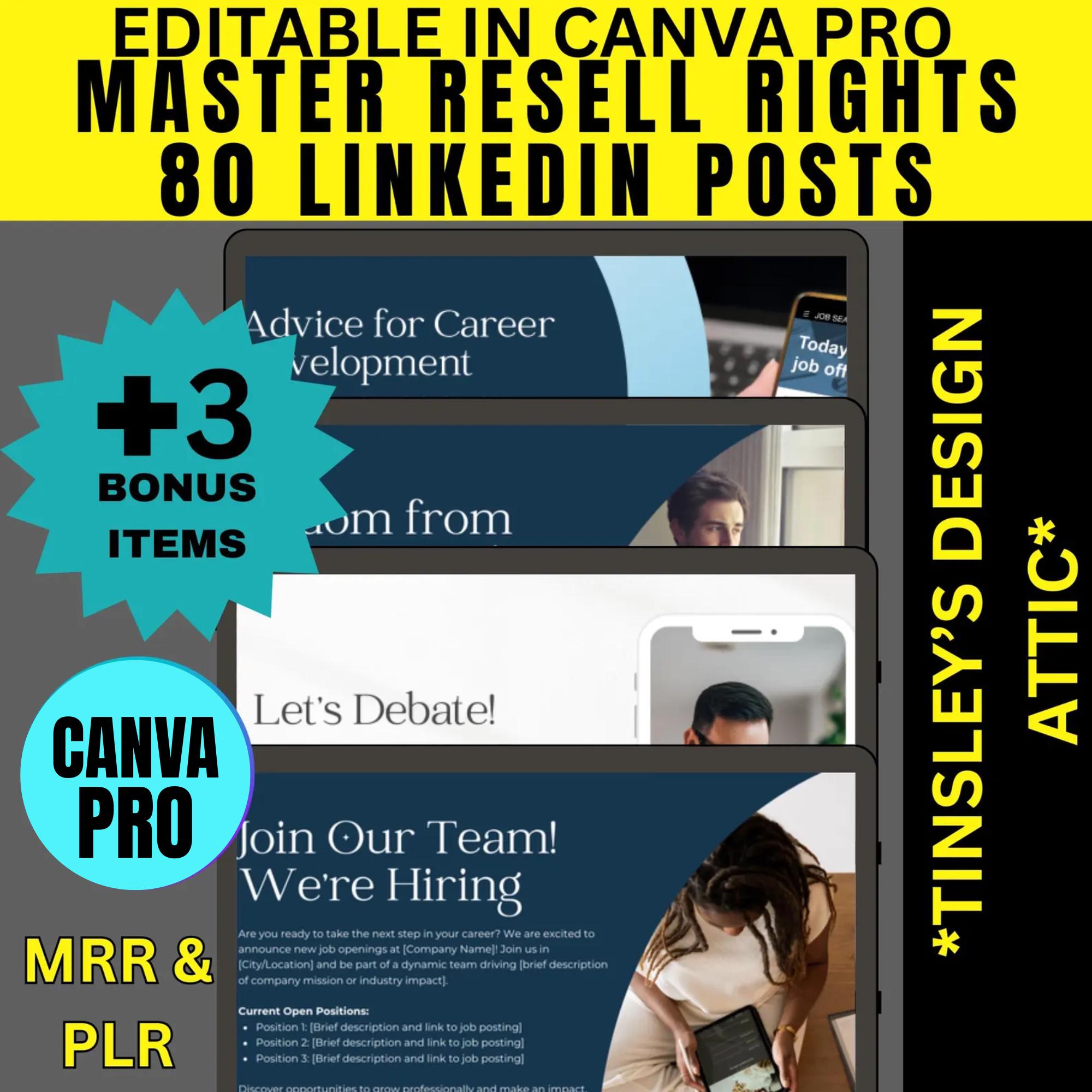 LinkedIn Posts | 80 Posts | MRR & PLR | Master Resell Rights | Canva Pro Required | Business | Entrepreneur | Networking | Canva Templates