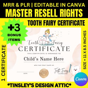 Certificato della Fatina dei Denti / MRR e PLR / Diritti di rivendita master / Per bambini piccoli, bambini, ragazzi / Modificabile / Stampabile / Canva Pro necessario / 1 articolo