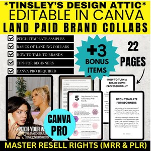 May include: A digital product with the text "Tinsley's Design Attic" and "Editable in Canva." The image includes templates, guides, and bonus items for brand collaborations. It features a teal starburst graphic with "+3 Bonus Items" and "22 Pages."