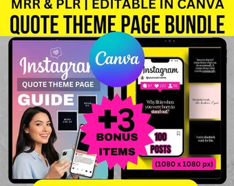 Instagram Theme Quote Page 2 Item Bundle | Set of 100 Square Instagram Posts + Instagram Quote Theme Page Mini Guide | MRR & PLR | Canva
