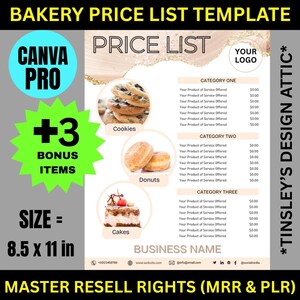 Bakery Price List Menu Template | 1 Item | MRR & PLR | Master Resell Rights | For Bakers | Printable | Size is 8.5 x 11 inches | Canva Pro