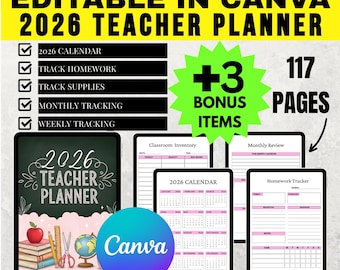 Teacher Planner 2026 | 117 Pages | MRR & PLR | Master Resell Rights | School | Homeschool | Weekly | Monthly | Planning | Canva