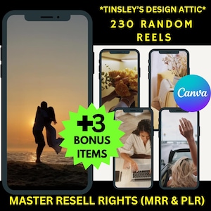 Puede incluir: Una lista de productos digitales para 230 carretes aleatorios y 3 artículos de bonificación. La lista incluye el texto "*TINSLEY'S DESIGN ATTIC* 230 RANDOM REELS +3 BONUS ITEMS MASTER RESELL RIGHTS (MRR & PLR)" y un logotipo de Canva.