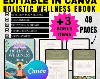 Holistic Wellness eBook Guide: MRR & PLR, Canva Editable, 48 Pages
