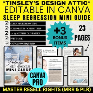 Op de afbeelding: Een digitale mini-gids voor slaapregressie, bewerkbaar in Canva, met de tekst "Sleep Regression Mini Guide". De gids bevat tips voor slaapregressie voor ouders en verzorgers van baby's van 4-24 maanden. Het is een afdrukbare gids met 23 pagina's en 3 bonusitems.