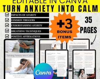 Könnte beinhalten: Ein digitales Produkt-Mockup mit gelbem Hintergrund und dem Text "*TINSLEY'S DESIGN ATTIC* EDITABLE IN CANVA TURN ANXIETY INTO CALM" in schwarzer Schrift. Das Produkt ist ein digitales Arbeitsbuch mit dem Titel "Turning Anxiety into Calm" und einer Frau, die auf einem Bett sitzt. Das Arbeitsbuch ist in Abschnitte mit Titeln wie "Impacts of Anxiety", "Common Triggers", "Understanding Anxiety", "Breathing Techniques" und "Positive Affirmations" unterteilt. Das Bild enthält auch einen roten Kreis mit dem Text "+3 BONUS ITEMS" und "35 PAGES" in weißer Schrift.