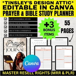 Prayer and Bible Study Planner | 55 Pages | MRR & PLR | Master Resell Rights | Religious | Canva | Alternate Cover Page provided