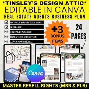 Real Estate Agents Business Plan | MRR & PLR | Master Resell Rights | Edit the templates to fit your brand and objectives | Canva Pro