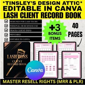 Lash Client Record Book | 40 Pages | MRR & PLR | Master Resell Rights | Lash Pro | Beautician | Business | Side Hustle | Job | Canva
