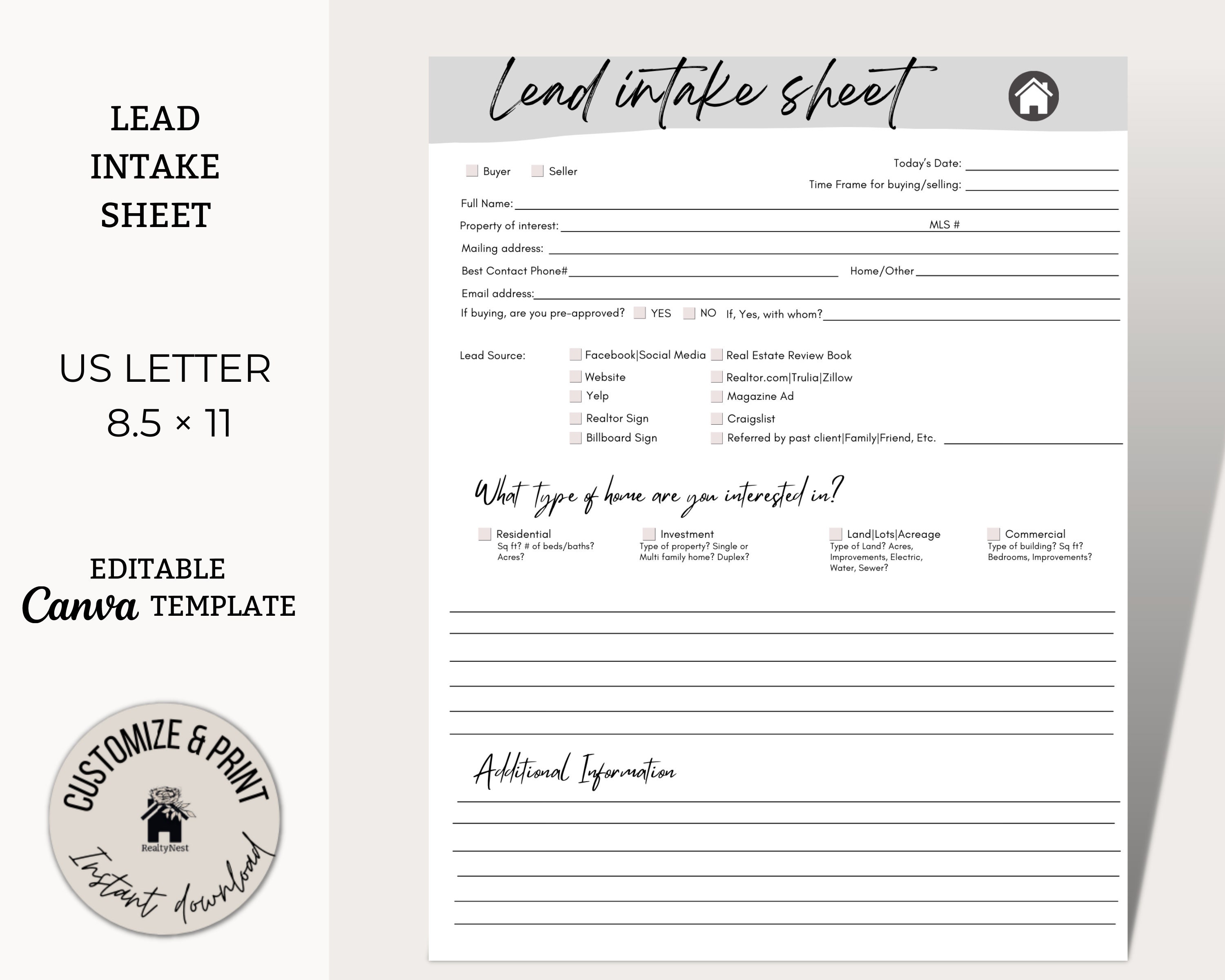 Lead Intake Sheet Real Estate Canva Template Instant - Etsy