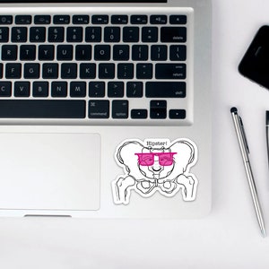 May include: A black and white illustration of a hip bone wearing pink sunglasses with the text "Hipster!" above it.