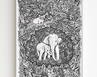 Jungle and animals in Asia, black and white print 30 x40 cm