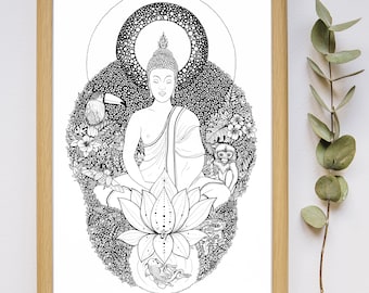 Shakyamuni Buddha Lotus Flower and Jungle, 30 x 40 cm print