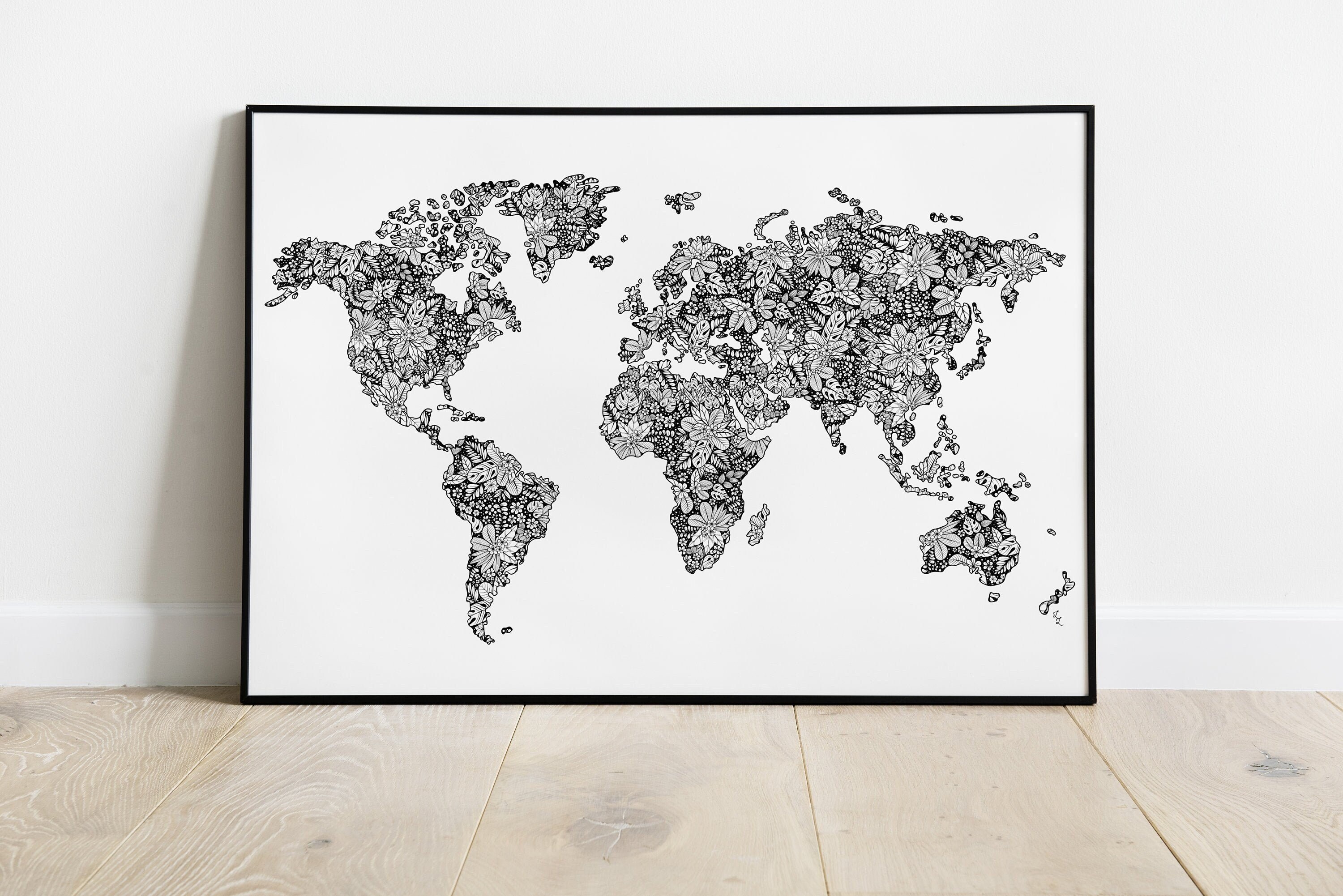 Affiche Carte Du Monde Décorative en Noir et Blanc Imprimée Au Format 30x40 cm