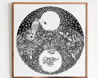 Jungle and animals, drawing in Indian ink in black and white