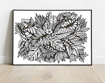Tropical flowers and leaves, poster in black and gold format 30 x 40 cm