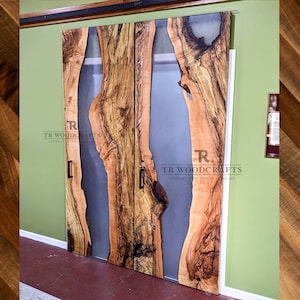 Custom Epoxy Resin River Live Edge Modern Hidden Hardware Sliding Barn Door | Handcrafted in CT USA