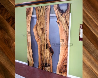 Custom Epoxy Resin River Live Edge Modern Hidden Hardware Sliding Barn Door | Handcrafted in CT USA