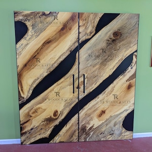 Custom Epoxy Resin River Live Edge Modern Hidden Hardware Sliding Barn Door | Handcrafted in CT USA