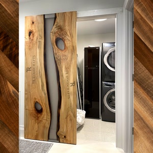 Custom Epoxy Resin River Live Edge Modern Hidden Hardware Sliding Barn Door | Handcrafted in CT USA