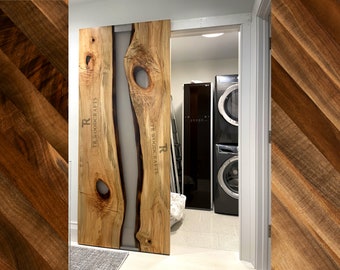 Custom Epoxy Resin River Live Edge Modern Hidden Hardware Sliding Barn Door | Handcrafted in CT USA