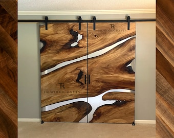 Custom Epoxy Resin River Live Edge Barn Sliding Door | Handcrafted in CT USA