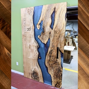 Custom Epoxy Resin River Live Edge Modern Hidden Hardware Sliding Barn Door | Handcrafted in CT USA