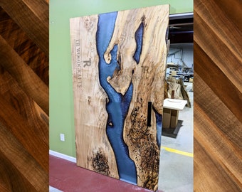 Custom Epoxy Resin River Live Edge Modern Hidden Hardware Sliding Barn Door | Handcrafted in CT USA