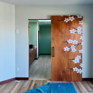 Custom Epoxy Resin Cherry Blossom Art Modern Hidden Hardware Sliding Barn Door | Handcrafted in CT USA