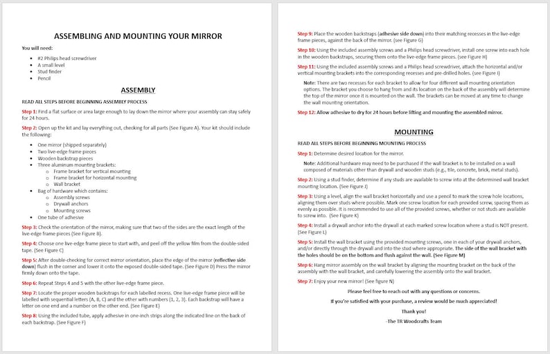 May include: Instructions for assembling and mounting a mirror. The instructions include a list of materials needed, assembly steps, and mounting steps. The instructions are written in a clear and concise manner and include illustrations to help guide the user.