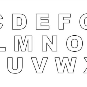 May include: Black and white outline of the alphabet in uppercase letters. The letters are in a simple, blocky font.
