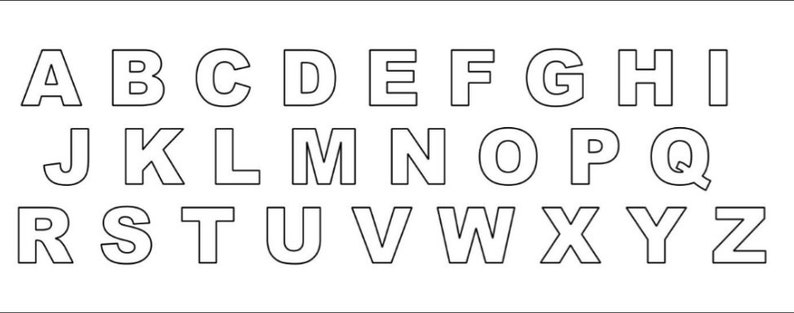 May include: Black and white outline of the alphabet in uppercase letters. The letters are in a simple, blocky font.