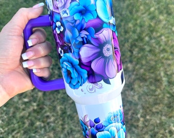 40oz Floral Tumbler, Purple and teal floral tumbler, Custom Tumbler, Travel Tumbler, Keeps drinks hot or cold for hours!