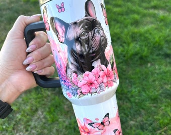 40oz Tumbler,Frenchie 40oz Tumbler, Frenchie,  40oz tumbler with handle, Custom Tumbler, Travel Tumbler, Keeps drinks hot or cold for hours!